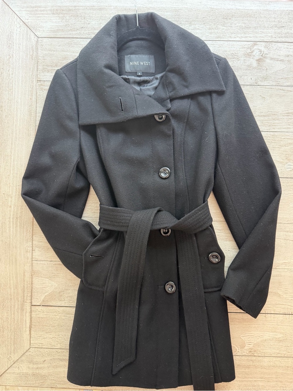 Nine West Black Wool-Blend Belted Pea Coat